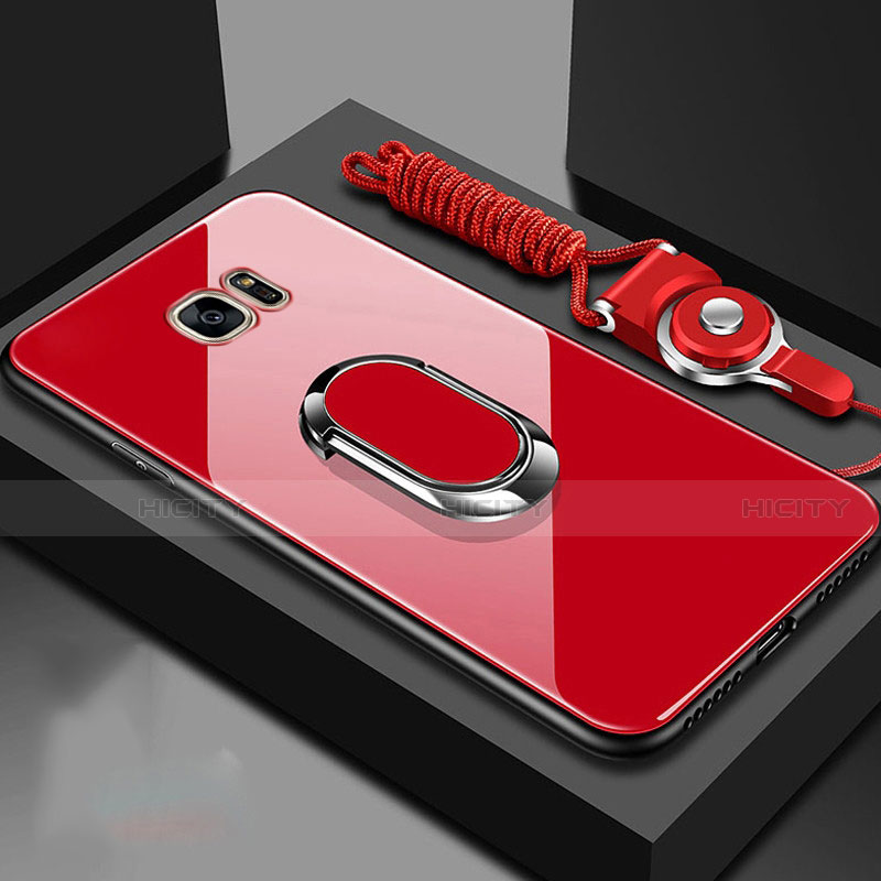 Coque Rebord Contour Silicone et Vitre Miroir Housse Etui avec Support Bague Anneau Magnetique pour Samsung Galaxy S7 Edge G935F Rouge Plus