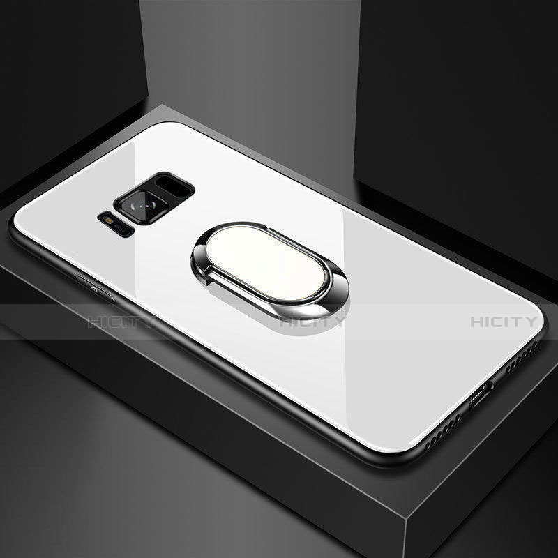 Coque Rebord Contour Silicone et Vitre Miroir Housse Etui avec Support Bague Anneau Magnetique pour Samsung Galaxy S8 Plus Blanc Plus