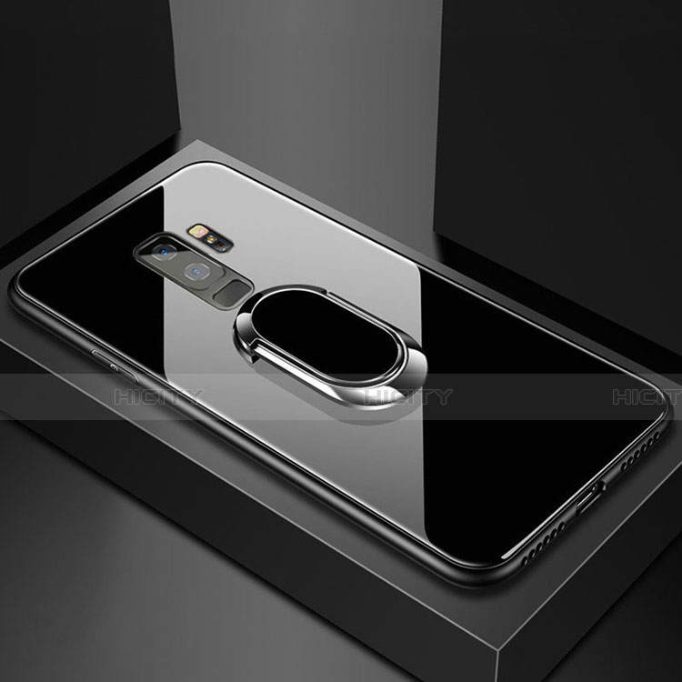 Coque Rebord Contour Silicone et Vitre Miroir Housse Etui avec Support Bague Anneau Magnetique pour Samsung Galaxy S9 Plus Noir Plus