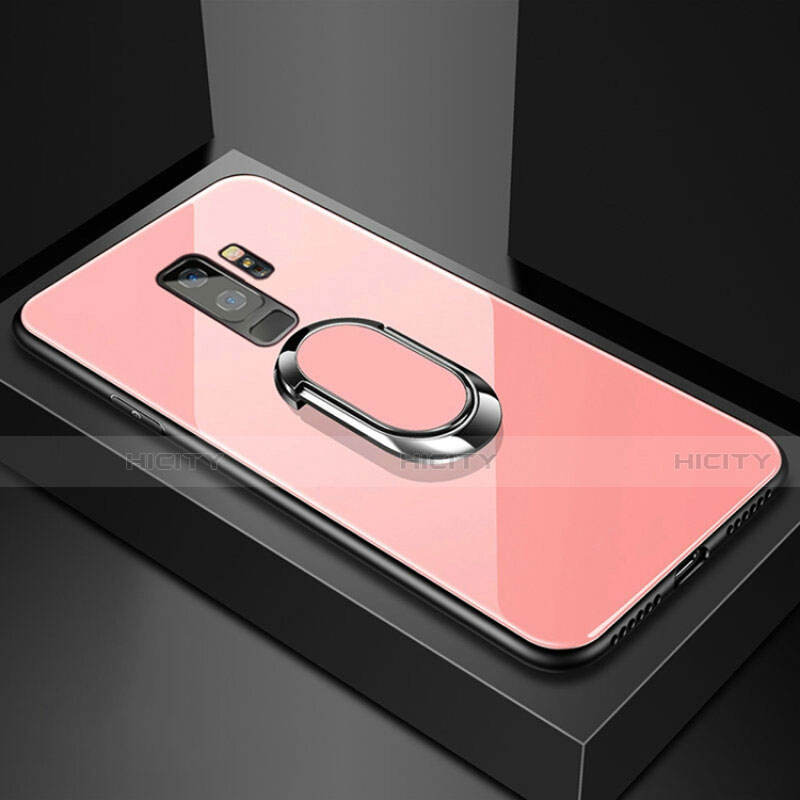 Coque Rebord Contour Silicone et Vitre Miroir Housse Etui avec Support Bague Anneau Magnetique pour Samsung Galaxy S9 Plus Or Rose Plus