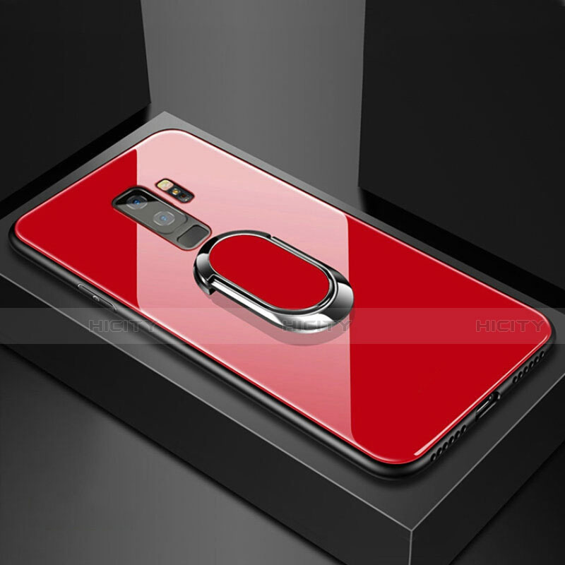 Coque Rebord Contour Silicone et Vitre Miroir Housse Etui avec Support Bague Anneau Magnetique pour Samsung Galaxy S9 Plus Rouge Plus