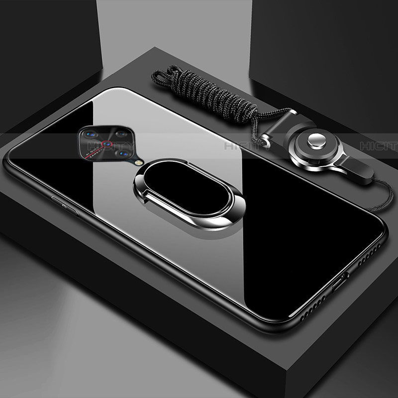 Coque Rebord Contour Silicone et Vitre Miroir Housse Etui avec Support Bague Anneau Magnetique pour Vivo S1 Pro Noir Plus