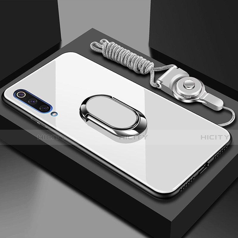 Coque Rebord Contour Silicone et Vitre Miroir Housse Etui avec Support Bague Anneau Magnetique pour Xiaomi CC9e Blanc Plus