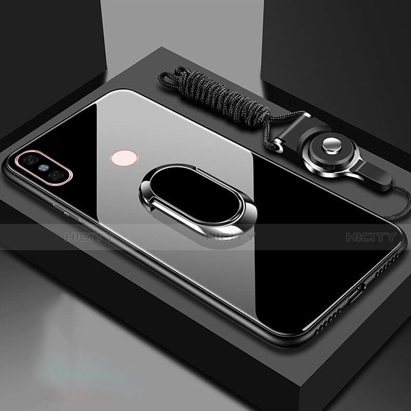 Coque Rebord Contour Silicone et Vitre Miroir Housse Etui avec Support Bague Anneau Magnetique pour Xiaomi Mi 6X Noir Plus