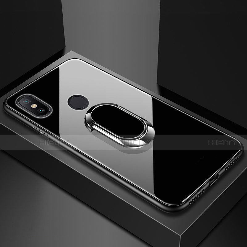 Coque Rebord Contour Silicone et Vitre Miroir Housse Etui avec Support Bague Anneau Magnetique pour Xiaomi Mi 8 Noir Plus