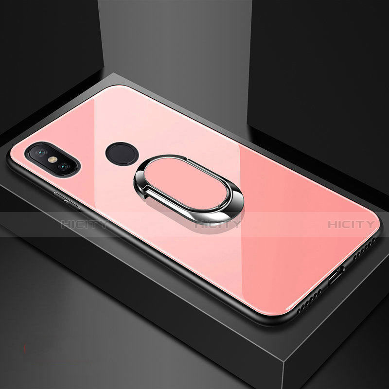 Coque Rebord Contour Silicone et Vitre Miroir Housse Etui avec Support Bague Anneau Magnetique pour Xiaomi Mi 8 Or Rose Plus