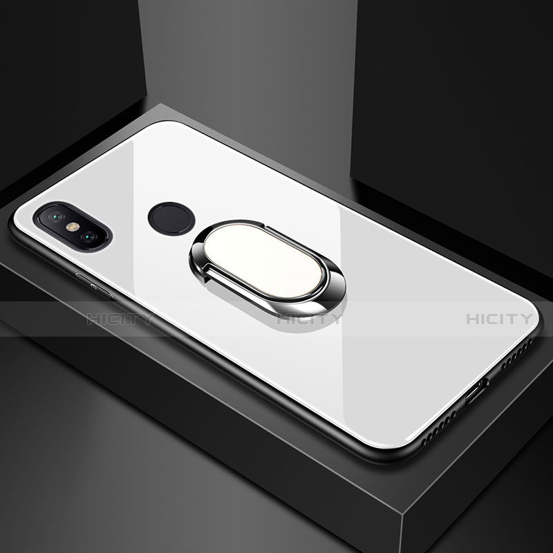 Coque Rebord Contour Silicone et Vitre Miroir Housse Etui avec Support Bague Anneau Magnetique pour Xiaomi Mi Max 3 Blanc Plus