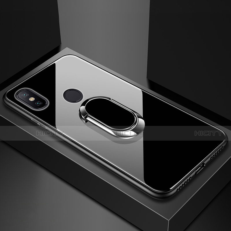 Coque Rebord Contour Silicone et Vitre Miroir Housse Etui avec Support Bague Anneau Magnetique pour Xiaomi Mi Max 3 Noir Plus