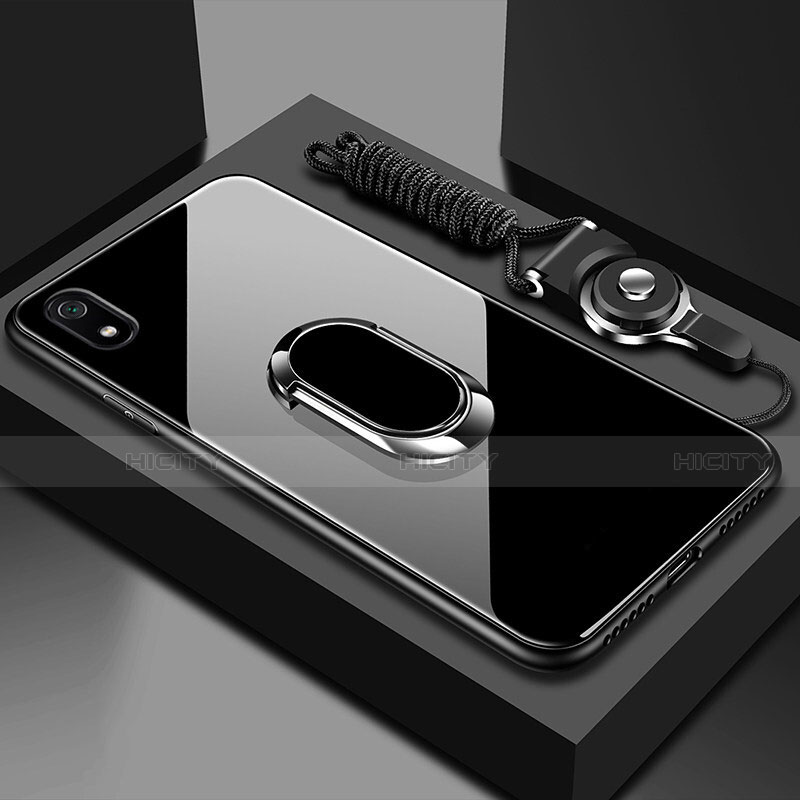 Coque Rebord Contour Silicone et Vitre Miroir Housse Etui avec Support Bague Anneau Magnetique pour Xiaomi Redmi 7A Noir Plus