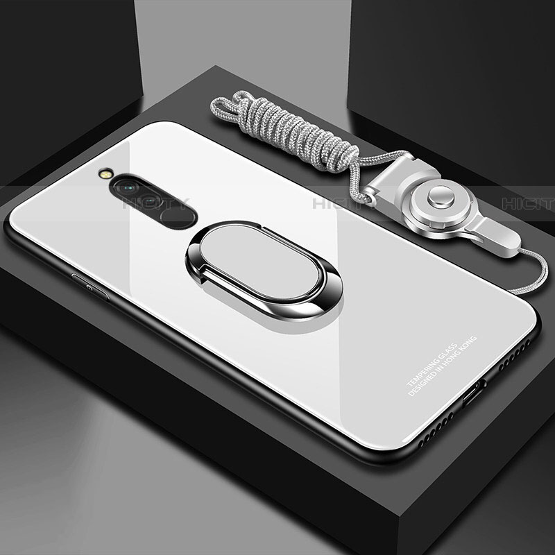Coque Rebord Contour Silicone et Vitre Miroir Housse Etui avec Support Bague Anneau Magnetique pour Xiaomi Redmi 8 Blanc Plus