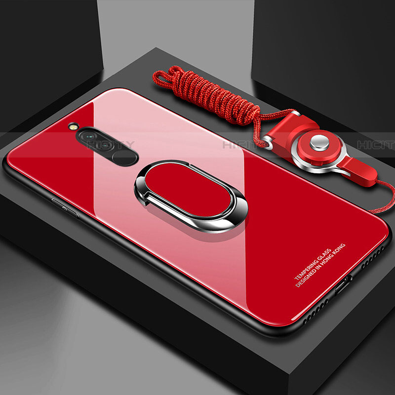Coque Rebord Contour Silicone et Vitre Miroir Housse Etui avec Support Bague Anneau Magnetique pour Xiaomi Redmi 8 Rouge Plus