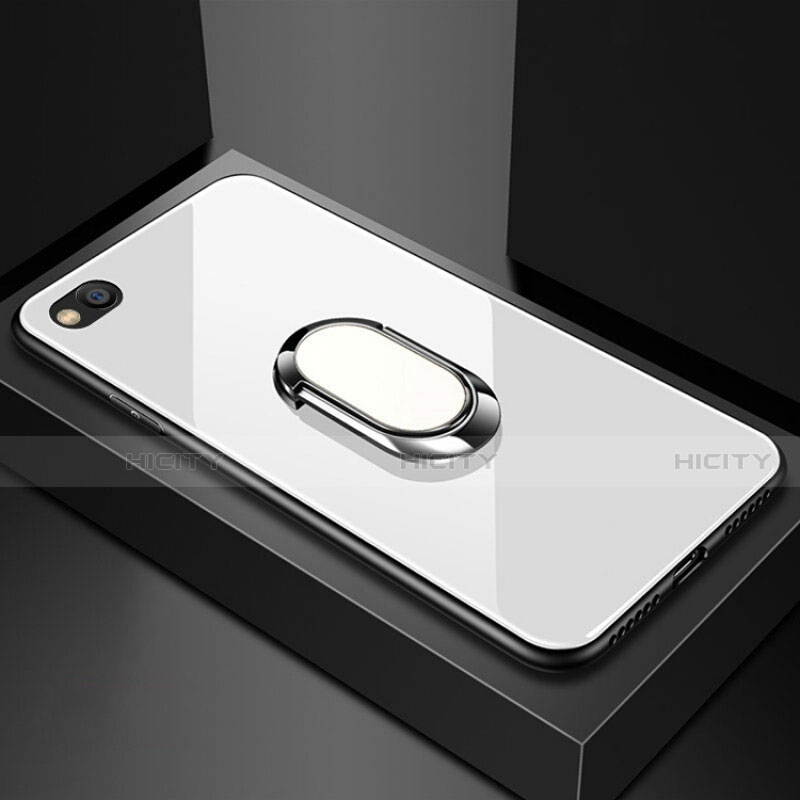 Coque Rebord Contour Silicone et Vitre Miroir Housse Etui avec Support Bague Anneau Magnetique pour Xiaomi Redmi Go Blanc Plus