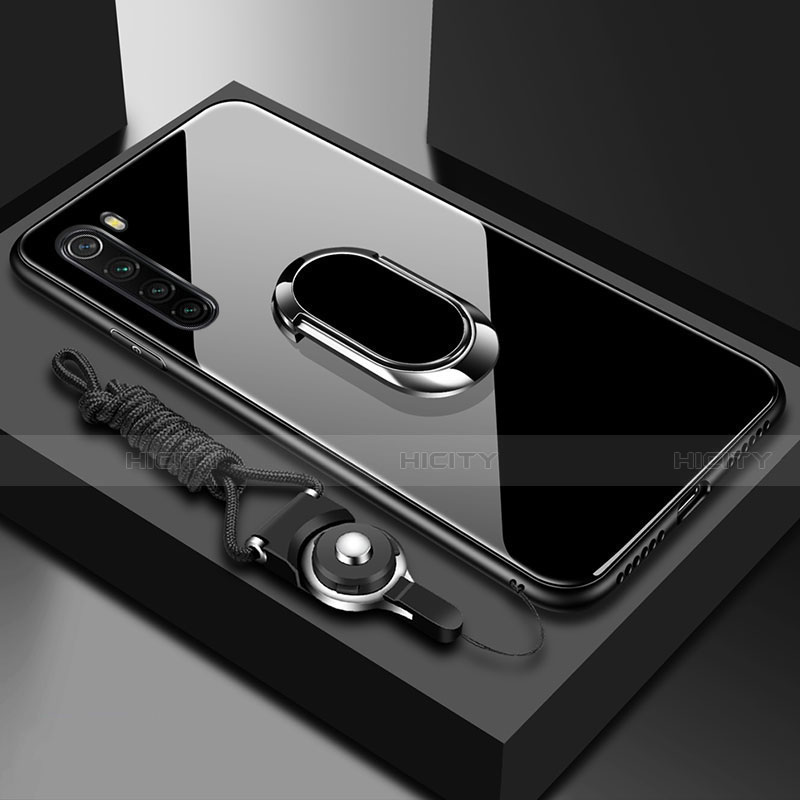 Coque Rebord Contour Silicone et Vitre Miroir Housse Etui avec Support Bague Anneau Magnetique pour Xiaomi Redmi Note 8 Noir Plus