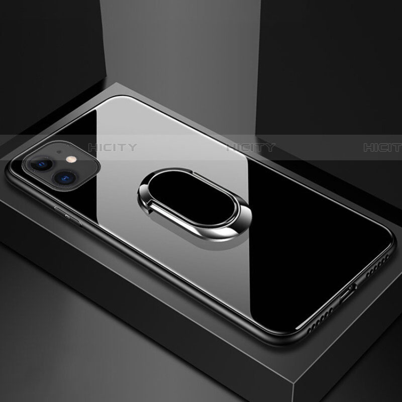 Coque Rebord Contour Silicone et Vitre Miroir Housse Etui avec Support Bague Anneau Magnetique T01 pour Apple iPhone 11 Noir Plus
