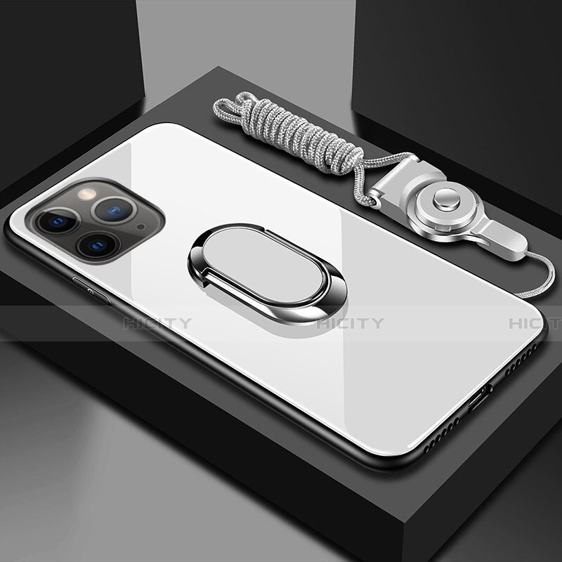 Coque Rebord Contour Silicone et Vitre Miroir Housse Etui avec Support Bague Anneau Magnetique T01 pour Apple iPhone 11 Pro Blanc Plus