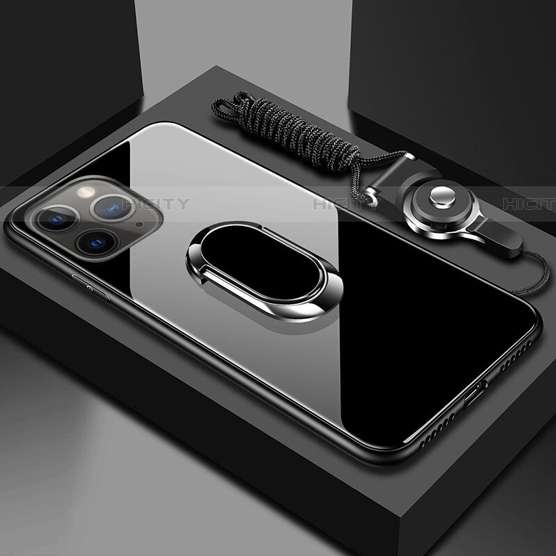 Coque Rebord Contour Silicone et Vitre Miroir Housse Etui avec Support Bague Anneau Magnetique T01 pour Apple iPhone 11 Pro Max Noir Plus