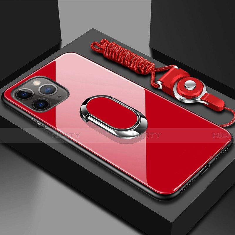 Coque Rebord Contour Silicone et Vitre Miroir Housse Etui avec Support Bague Anneau Magnetique T01 pour Apple iPhone 11 Pro Rouge Plus