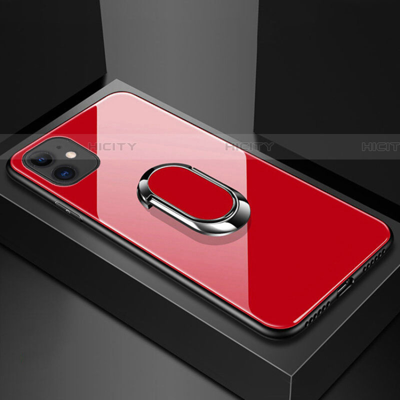 Coque Rebord Contour Silicone et Vitre Miroir Housse Etui avec Support Bague Anneau Magnetique T01 pour Apple iPhone 11 Rouge Plus