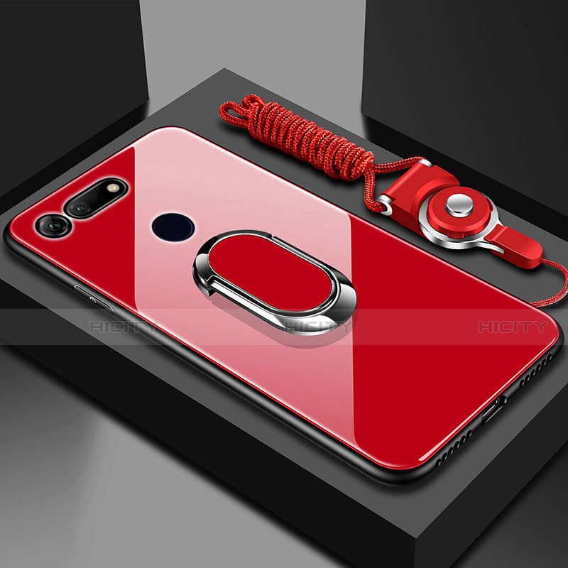 Coque Rebord Contour Silicone et Vitre Miroir Housse Etui avec Support Bague Anneau Magnetique T01 pour Huawei Honor View 20 Rouge Plus