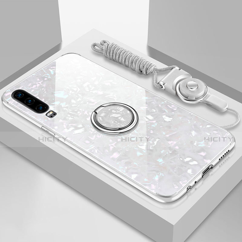 Coque Rebord Contour Silicone et Vitre Miroir Housse Etui avec Support Bague Anneau Magnetique T01 pour Huawei P30 Blanc Plus