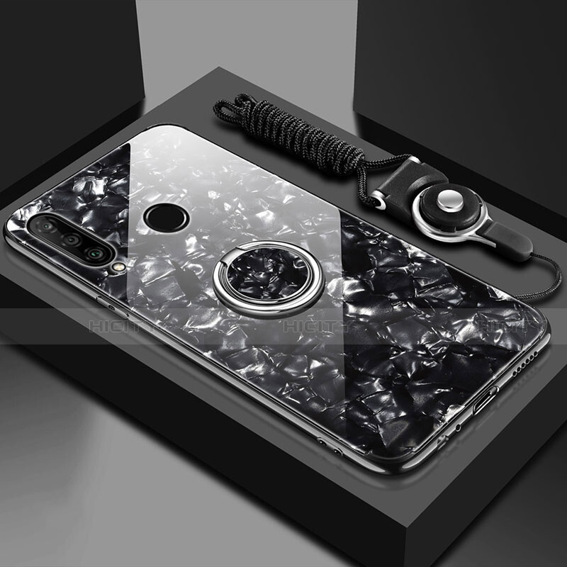 Coque Rebord Contour Silicone et Vitre Miroir Housse Etui avec Support Bague Anneau Magnetique T01 pour Huawei P30 Lite New Edition Noir Plus