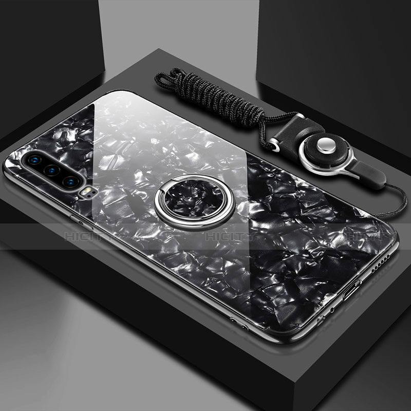 Coque Rebord Contour Silicone et Vitre Miroir Housse Etui avec Support Bague Anneau Magnetique T01 pour Huawei P30 Noir Plus