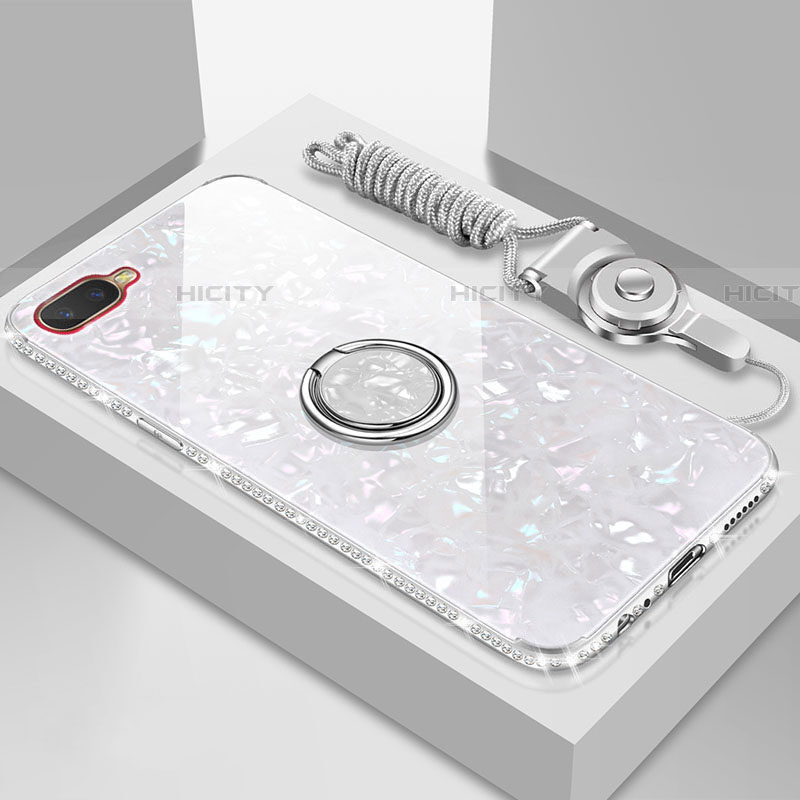 Coque Rebord Contour Silicone et Vitre Miroir Housse Etui avec Support Bague Anneau Magnetique T01 pour Oppo RX17 Neo Blanc Plus