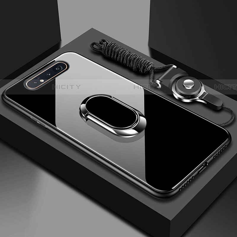 Coque Rebord Contour Silicone et Vitre Miroir Housse Etui avec Support Bague Anneau Magnetique T01 pour Samsung Galaxy A80 Noir Plus