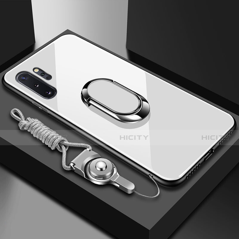 Coque Rebord Contour Silicone et Vitre Miroir Housse Etui avec Support Bague Anneau Magnetique T01 pour Samsung Galaxy Note 10 Plus 5G Blanc Plus