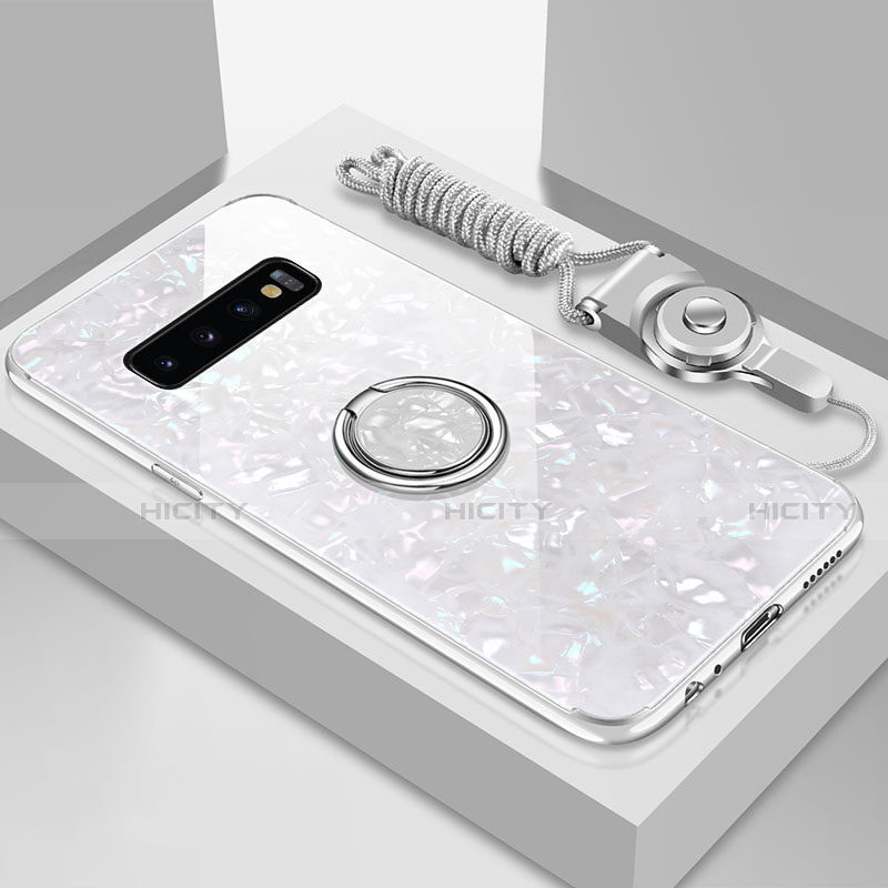 Coque Rebord Contour Silicone et Vitre Miroir Housse Etui avec Support Bague Anneau Magnetique T01 pour Samsung Galaxy S10 Plus Blanc Plus