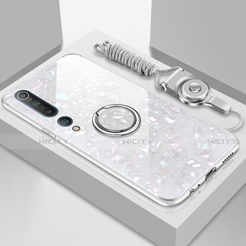 Coque Rebord Contour Silicone et Vitre Miroir Housse Etui avec Support Bague Anneau Magnetique T01 pour Xiaomi Mi 10 Blanc Plus