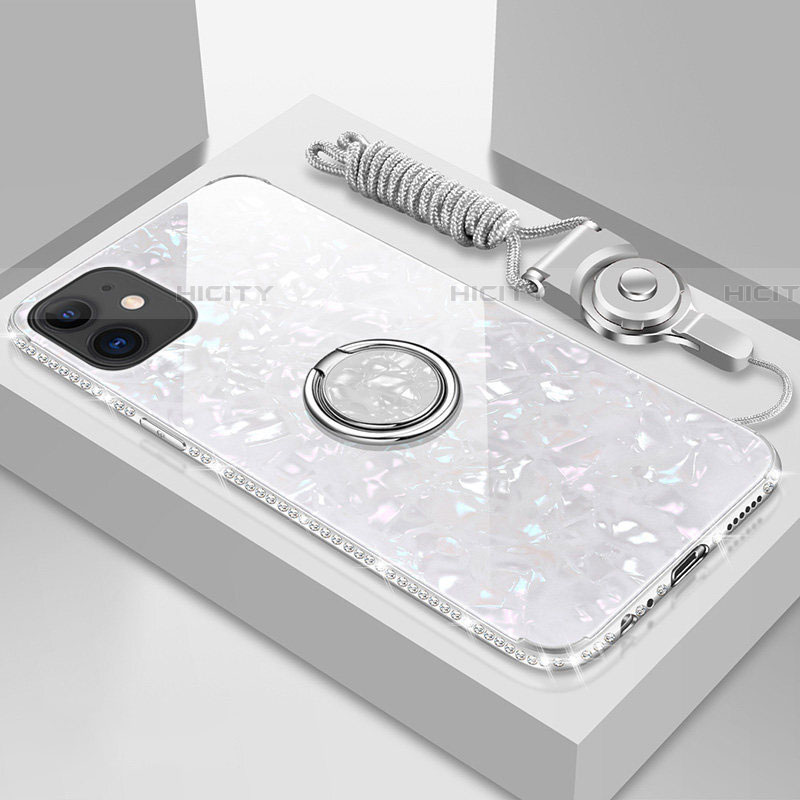 Coque Rebord Contour Silicone et Vitre Miroir Housse Etui avec Support Bague Anneau Magnetique T02 pour Apple iPhone 11 Blanc Plus