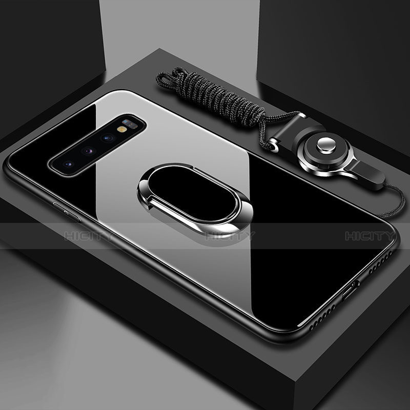 Coque Rebord Contour Silicone et Vitre Miroir Housse Etui avec Support Bague Anneau Magnetique T02 pour Samsung Galaxy S10 Plus Noir Plus
