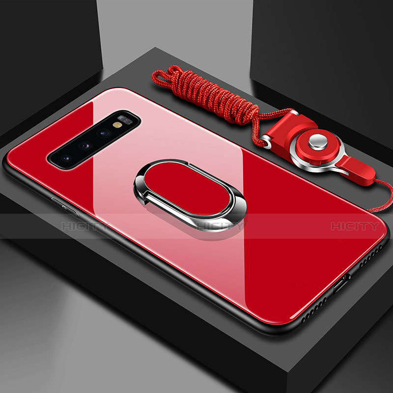 Coque Rebord Contour Silicone et Vitre Miroir Housse Etui avec Support Bague Anneau Magnetique T02 pour Samsung Galaxy S10 Plus Rouge Plus