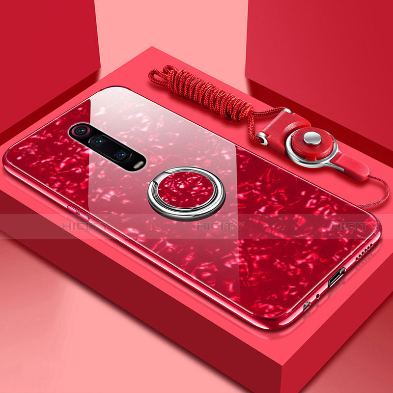 Coque Rebord Contour Silicone et Vitre Miroir Housse Etui avec Support Bague Anneau Magnetique T02 pour Xiaomi Mi 9T Rouge Plus