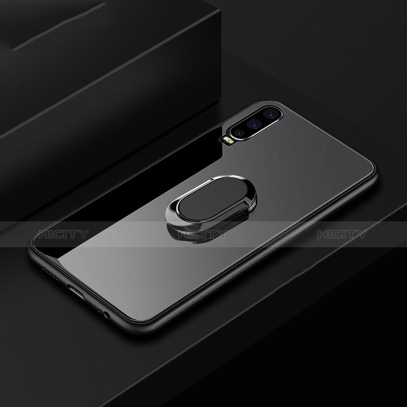 Coque Rebord Contour Silicone et Vitre Miroir Housse Etui avec Support Bague Anneau pour Huawei P30 Noir Plus
