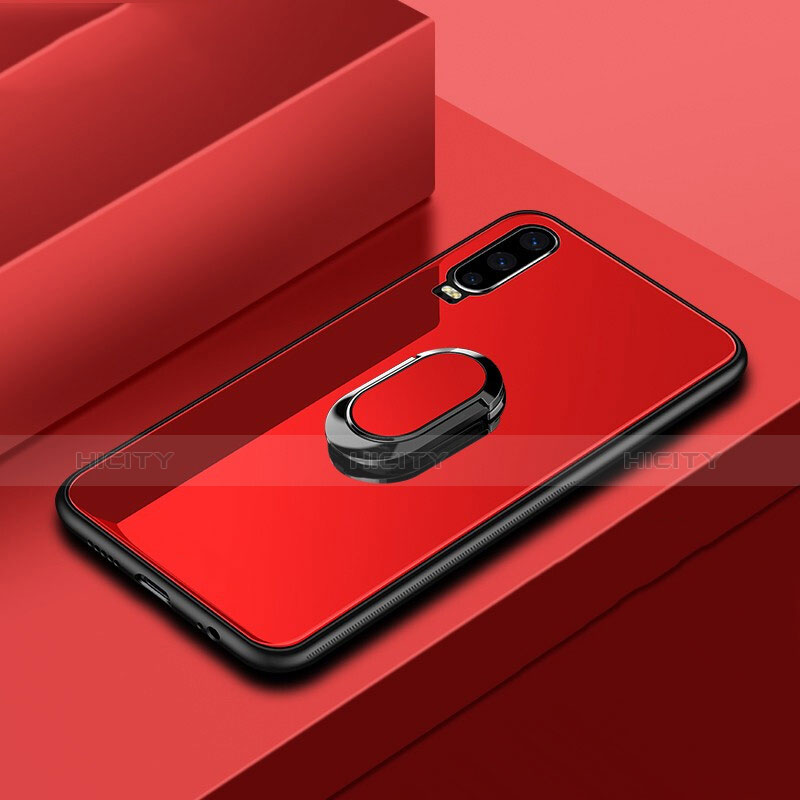 Coque Rebord Contour Silicone et Vitre Miroir Housse Etui avec Support Bague Anneau pour Huawei P30 Rouge Plus