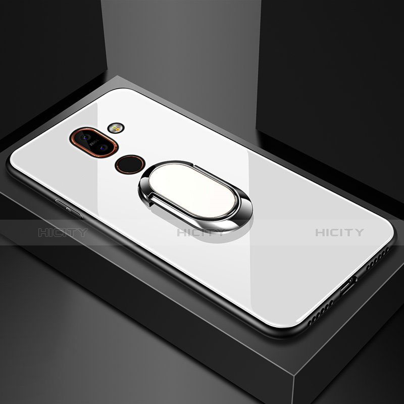 Coque Rebord Contour Silicone et Vitre Miroir Housse Etui avec Support Bague Anneau pour Nokia 7 Plus Blanc Plus