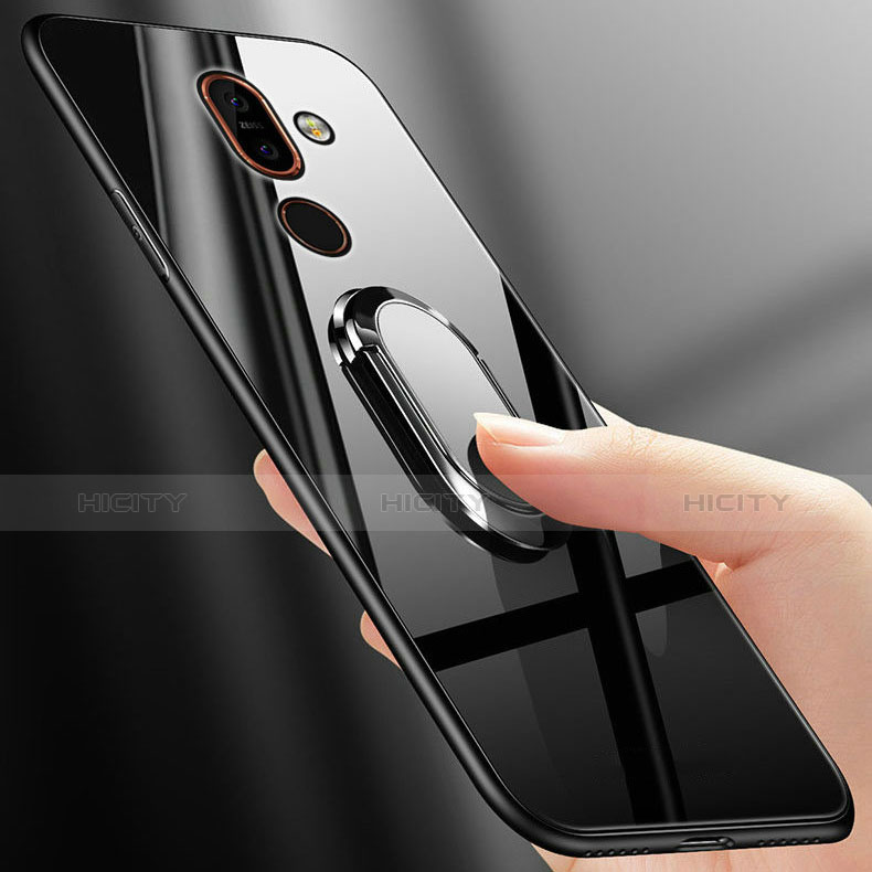 Coque Rebord Contour Silicone et Vitre Miroir Housse Etui avec Support Bague Anneau pour Nokia 7 Plus Plus
