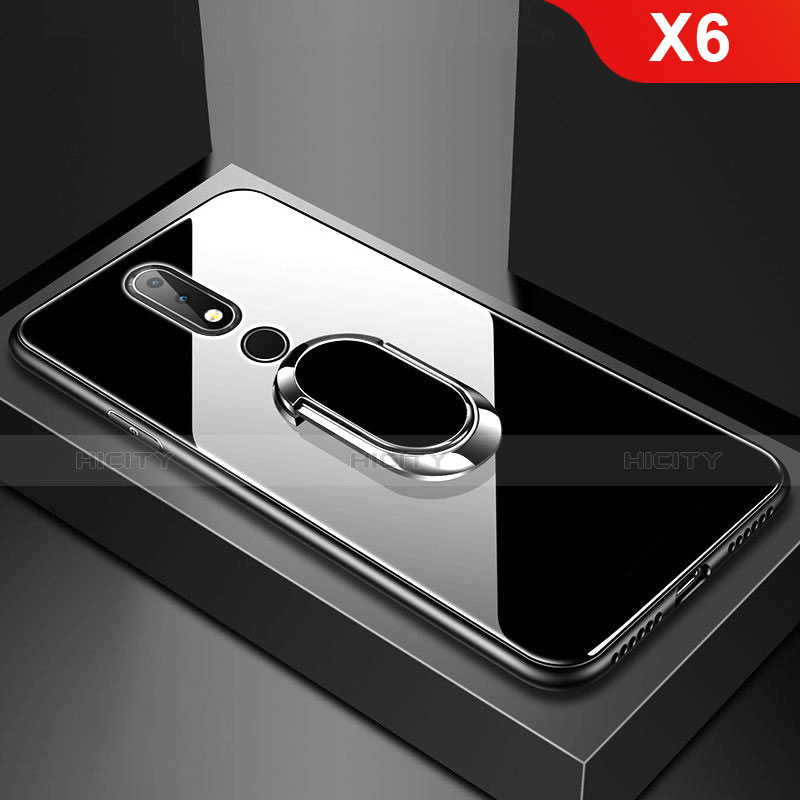 Coque Rebord Contour Silicone et Vitre Miroir Housse Etui avec Support Bague Anneau pour Nokia X6 Noir Plus
