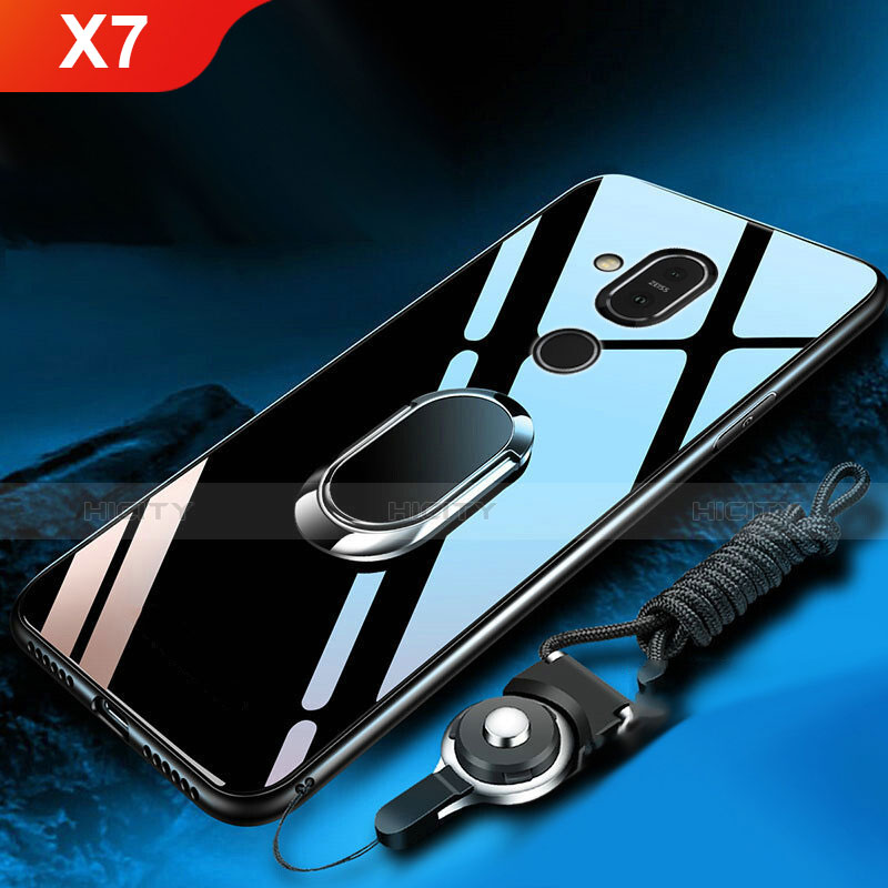 Coque Rebord Contour Silicone et Vitre Miroir Housse Etui avec Support Bague Anneau pour Nokia X7 Noir Plus