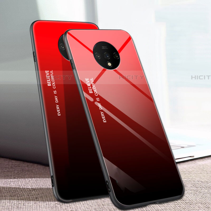 Coque Rebord Contour Silicone et Vitre Miroir Housse Etui Degrade Arc en Ciel H01 pour OnePlus 7T Rouge Plus
