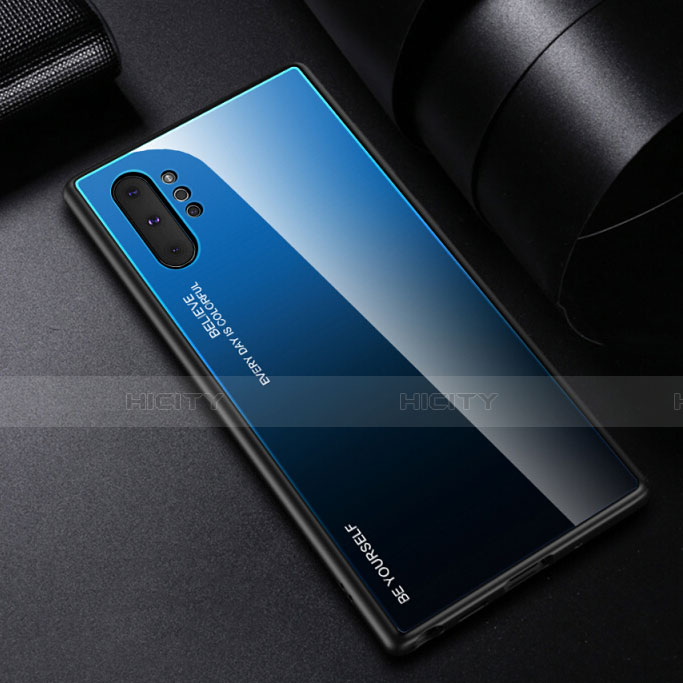 Coque Rebord Contour Silicone et Vitre Miroir Housse Etui Degrade Arc en Ciel H01 pour Samsung Galaxy Note 10 Plus 5G Bleu Plus