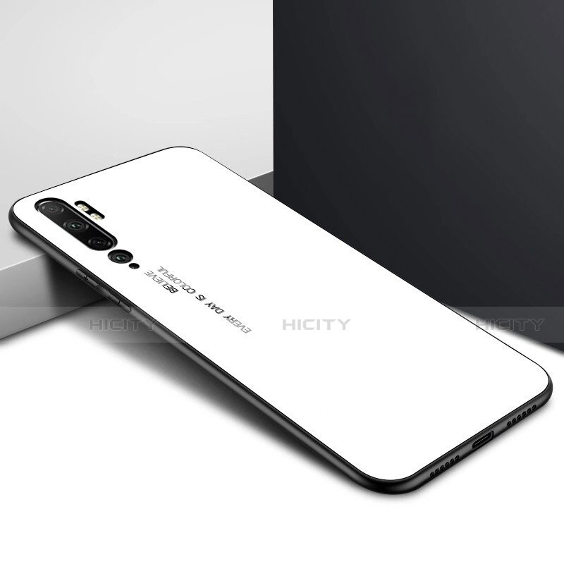 Coque Rebord Contour Silicone et Vitre Miroir Housse Etui Degrade Arc en Ciel H02 pour Xiaomi Mi Note 10 Blanc Plus