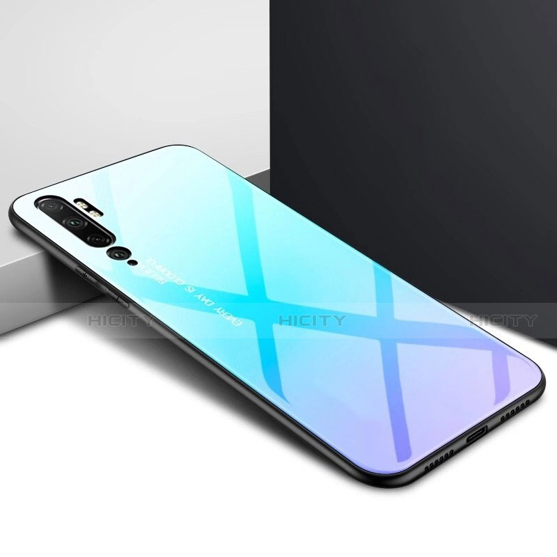 Coque Rebord Contour Silicone et Vitre Miroir Housse Etui Degrade Arc en Ciel H02 pour Xiaomi Mi Note 10 Bleu Ciel Plus
