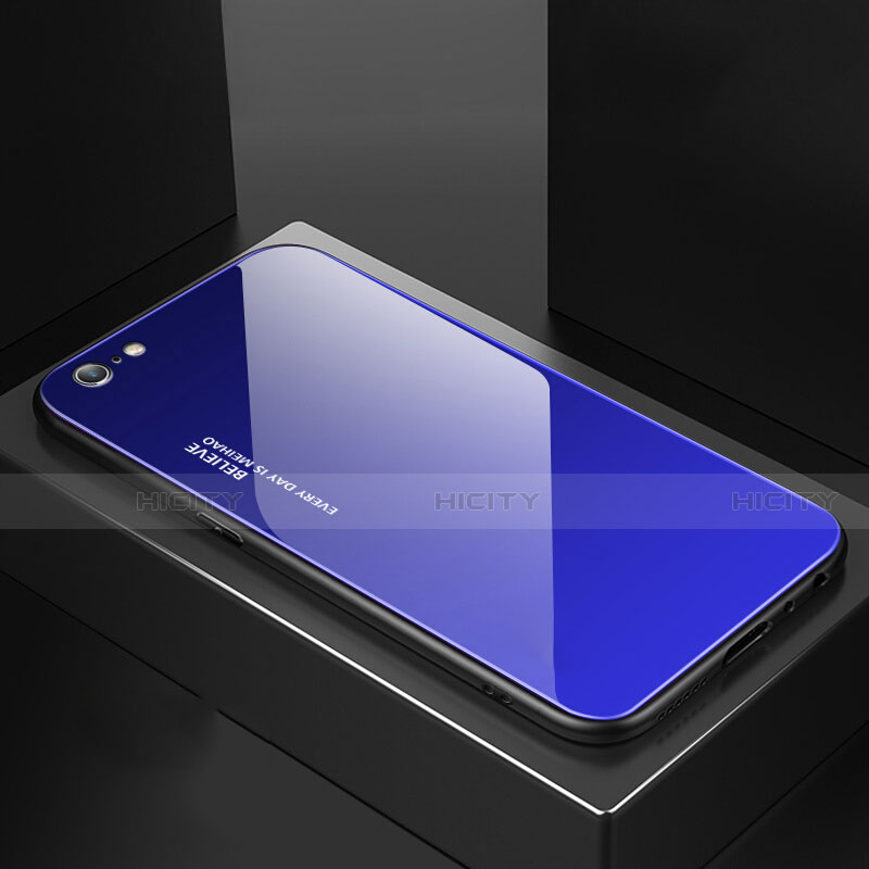 Coque Rebord Contour Silicone et Vitre Miroir Housse Etui Degrade Arc en Ciel pour Apple iPhone 6 Plus Bleu Plus