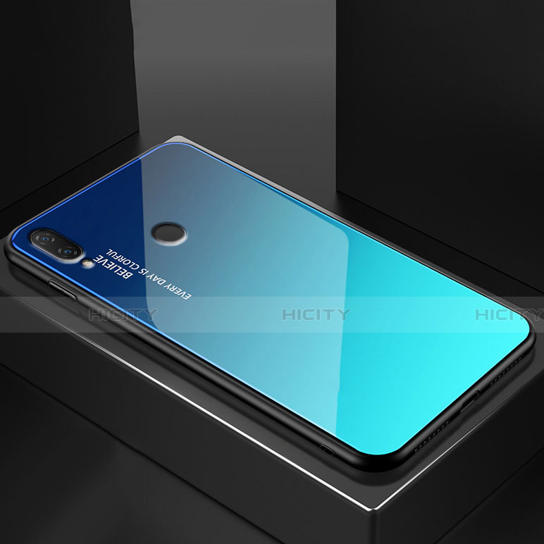 Coque Rebord Contour Silicone et Vitre Miroir Housse Etui Degrade Arc en Ciel pour Huawei Nova 3e Bleu Ciel Plus