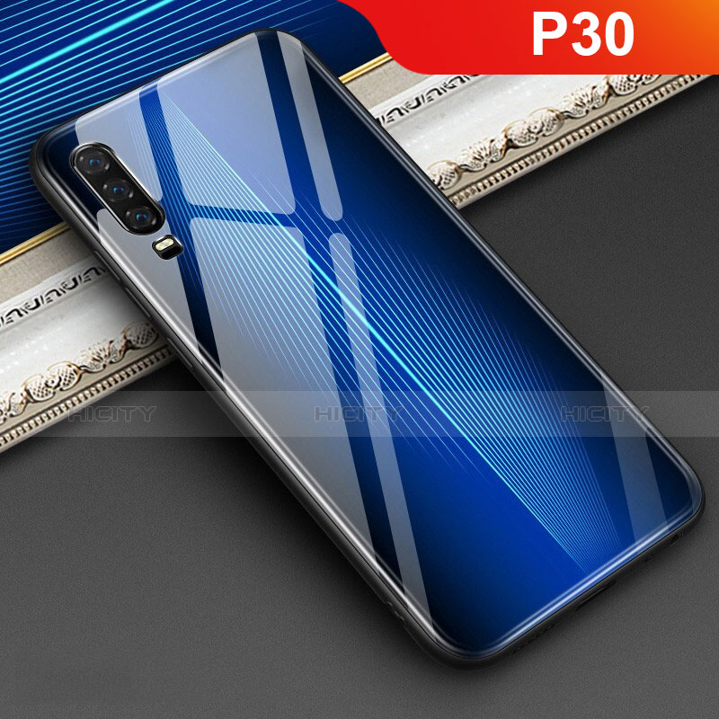 Coque Rebord Contour Silicone et Vitre Miroir Housse Etui Degrade Arc en Ciel pour Huawei P30 Bleu Plus
