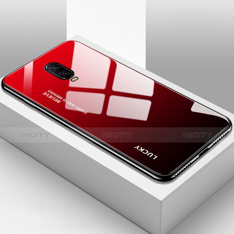 Coque Rebord Contour Silicone et Vitre Miroir Housse Etui Degrade Arc en Ciel pour OnePlus 6T Rouge Plus