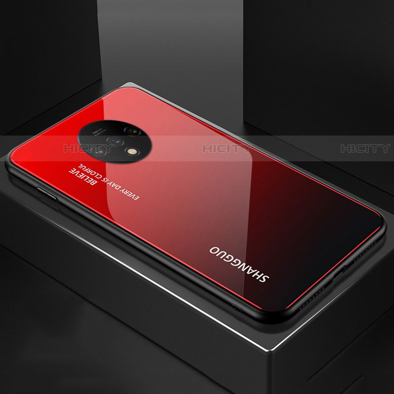 Coque Rebord Contour Silicone et Vitre Miroir Housse Etui Degrade Arc en Ciel pour OnePlus 7T Rouge Plus